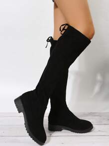 Style With White Dress Autumn And Winter European And American Slimming Boots, Women's Black Knee-High Boots, Cardigan, Sweater Boots? Suede Boots, Long Elastic Boots, Thick Heel High And Versatile Women's Shoes - Black - View 5