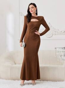 Modelyn Robe de soirée longue de sirène plissée ajourée de couleur unie