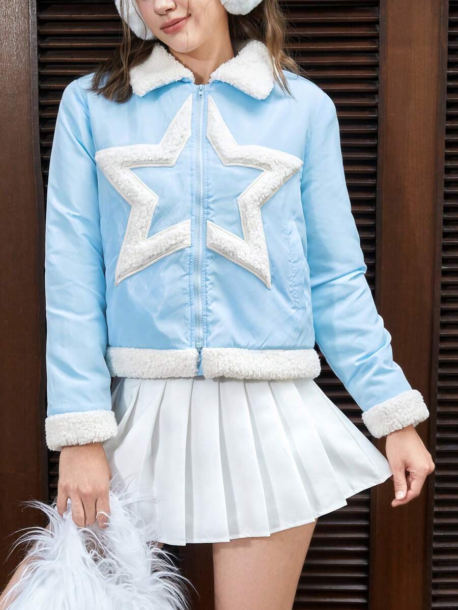 SHEIN EZwear Star Pattern Teddy Lined Jacket - Blue - View 1