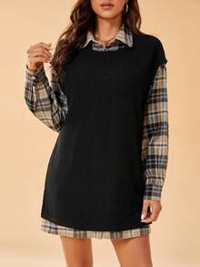 SHEIN Tall 格紋襯衫洋裝&羅紋針織背心洋裝不附腰帶 - 彩色 - 查看 5