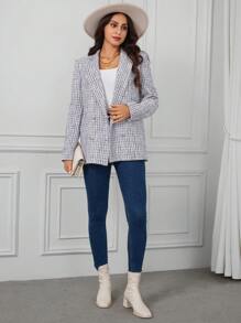 SHEIN Clasi Plaid Pattern Double Breasted Tweed Blazer