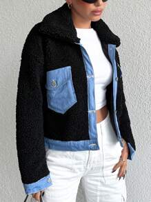 EURMUSE Contrast Trim Flap Pocket Drop Shoulder Teddy Jacket - Black - View 5