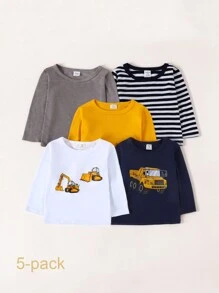 Set Of 5 Baby Boys' Tractor & Transportation Vehicles Printed Long Sleeve Tops For Fall And Winter - Multicolor - View 1
