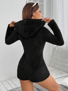 SHEIN PETITE Zip Up Hooded Teddy Romper - Black - View 2