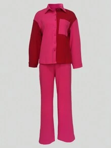 2pcs Contrast Color Collared Casual Elegant Shirt And Solid Color Pants Suit - Hot Pink - View 7