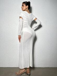 Zolique Solid Batwing Sleeve Sweater Dress With Arm Sleeves Fall Cloth For Women - White - View 2