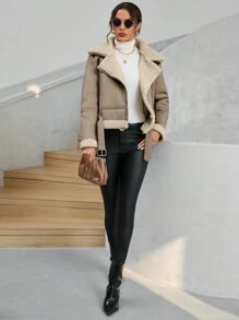 SHEIN Essnce Teddy Lined Belted Moto Jacket - Khaki - View 5