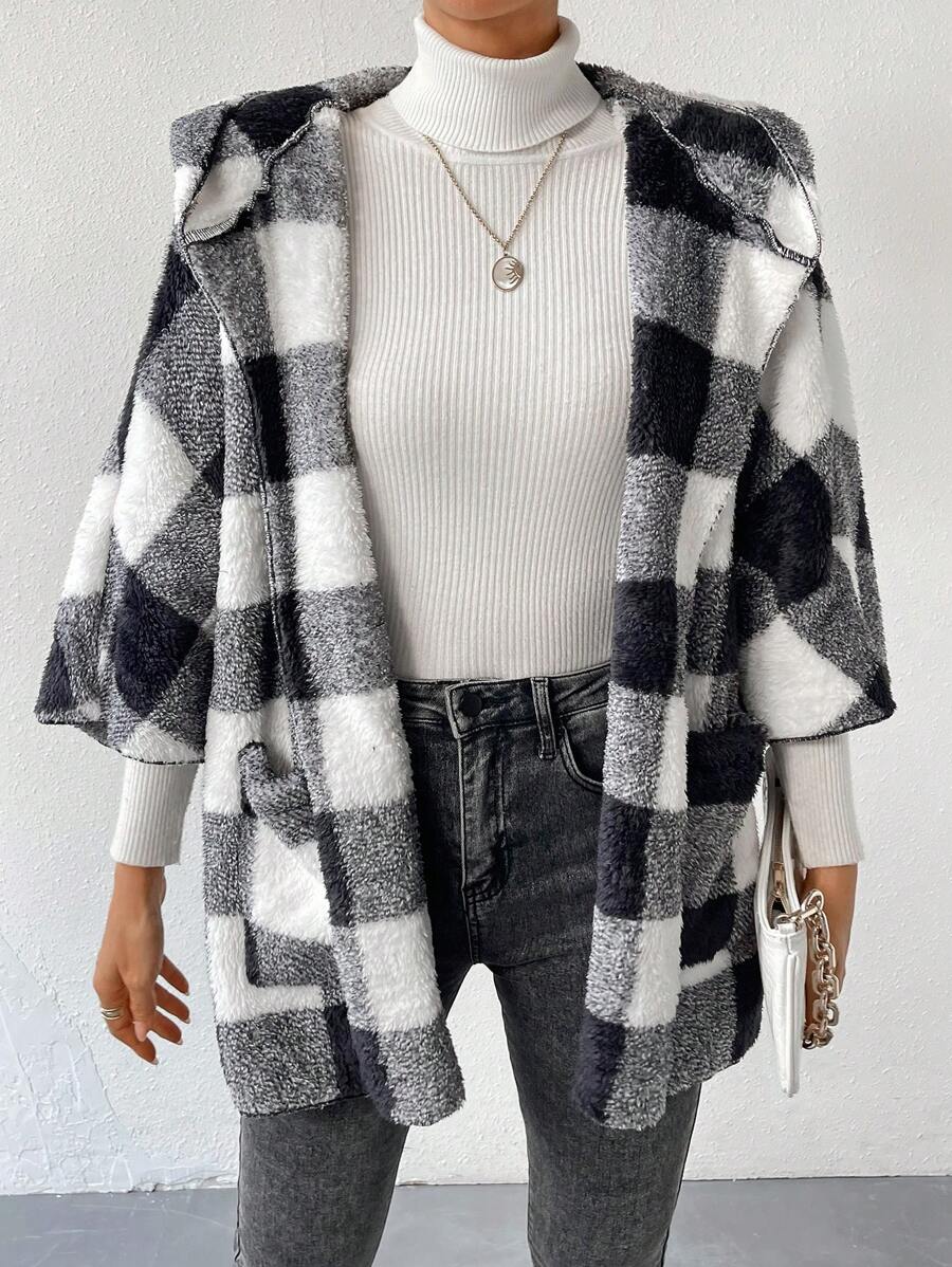 VaVaBold 格紋印花雙口袋蝙蝠袖連帽法蘭絨外套