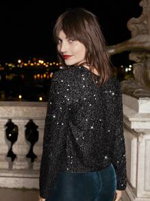 SHEIN Frenchy 前紐扣亮片夾克 - 黑色 - 查看 3