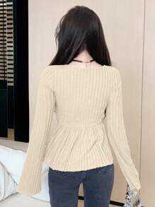 DAZY Cổ vuông Tay áo chuông Viền lấp lánh Áo - Màu be - Xem 3