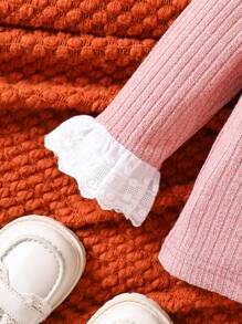 Bebé niña Top con encaje en contraste ribete con fruncido de manga amplia - Rosa - Ver 3