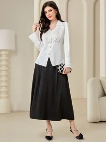 Modelyn Quý cô Màu thuần Chi tiết Nút Áo sơ mi - trắng - Xem 4