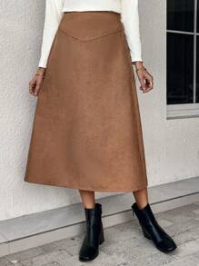 SHEIN Clasi 高腰拉鍊後開衩a字裙 - 駝色 - 查看 3