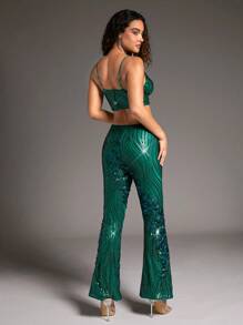 SHEIN BAE 圣诞闪亮喇叭裤 - 綠色 - 查看 6