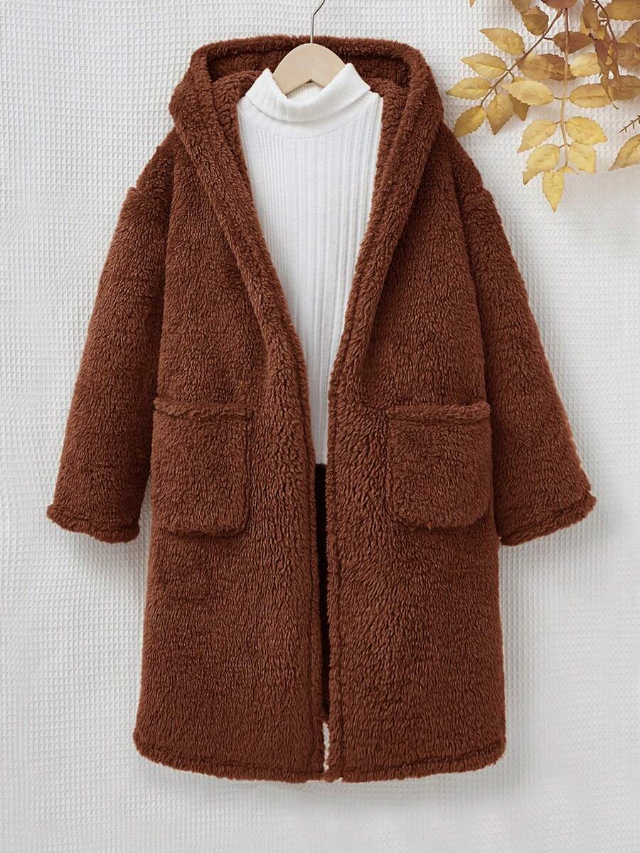 SHEIN 女大童1入組雙口袋開門襟連帽外套 - 巧克力棕 - 查看 1