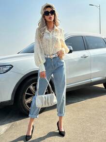 SHEIN Privé Camisa unicolor con botón delantero - Albaricoque - Ver 4