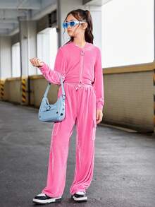 Tween Girl Flap Pocket Hooded Velvet Jacket & Pants - Hot Pink - View 3