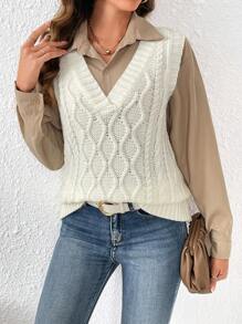 Chiquease 1pc Cable Knit Sweater Vest - White - View 1