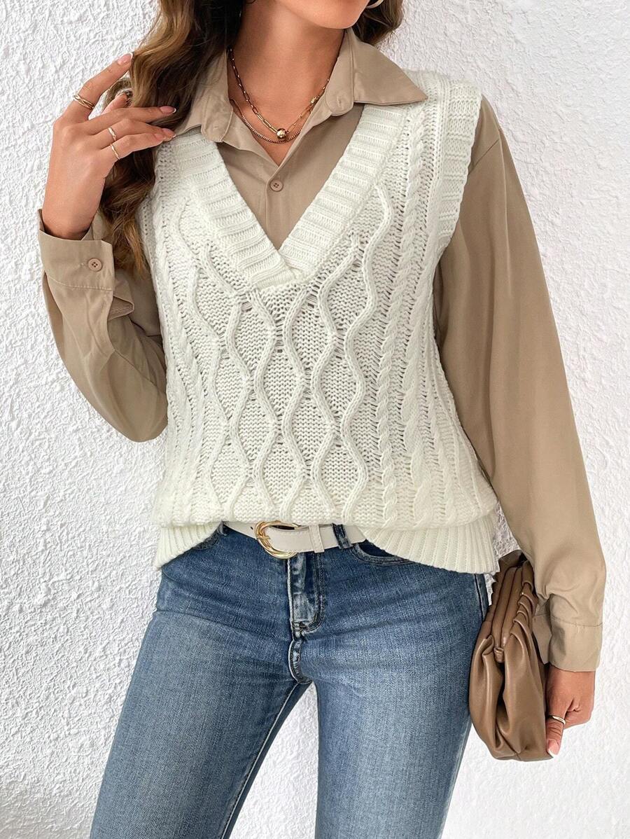 Chiquease 1pc Cable Knit Sweater Vest - White - View 1