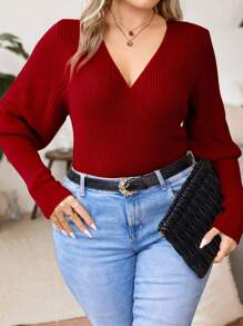 SHEIN Unity Suéter de punto con detalle de envoltorio y mangas abullonadas de estilo de cordero, de punto acanalado y talla grande, para otoño e invierno - Burdeos - Ver 6