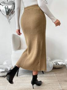 Chiquease Split Thigh Knit Skirt - Camel - View 2