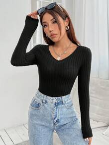 SHEIN PETITE Solid V Neck Tee - Black - View 1