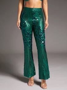 SHEIN BAE 圣诞闪亮喇叭裤 - 綠色 - 查看 1