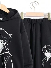 SHEIN Con trai Và Cô gái Lỏng lẻo áo có mũ Đồ họa Áo nỉ Và Quần thể thao Bộ - màu đen - Xem 4