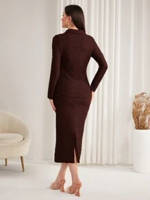 Modelyn 女性翻領襯衫和鉛筆裙套裝 - 咖啡棕 - 查看 2