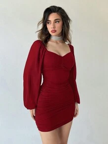 Aloruh 女用甜心領燈籠袖修身連身裙 - 紅色 - 查看 8