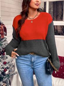 Calvaya 加大码双色落肩针织套头衫秋冬毛衣 - 彩色 - 查看 6