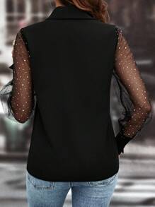 SHEIN LUNE 網紗拼接燈籠袖前紐扣襯衫 - 黑色 - 查看 2