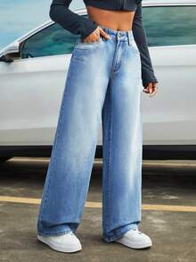 SHEIN ICON 高腰闊腿牛仔褲 - 淺色水洗藍 - 查看 3