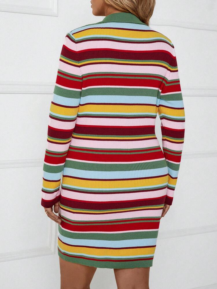 Plus Block Striped Pattern Polo Neck Sweater Dress Fall Cloth For Women