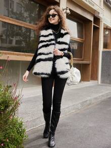 Zebra Striped Pattern Fuzzy Vest Coat - Black and White - View 4
