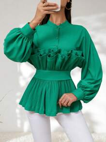 SHEIN Privé 優雅褶皺邊 荷葉邊 前紐扣純色女士襯衫 - 墨綠色 - 查看 4