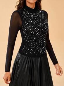 SHEIN Tall 水鑽細節網紗拼接T恤 - 黑色 - 查看 6