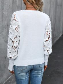 SHEIN LUNE Guipure Ren tương phản Tay áo lồng đèn Áo len - trắng - Xem 2