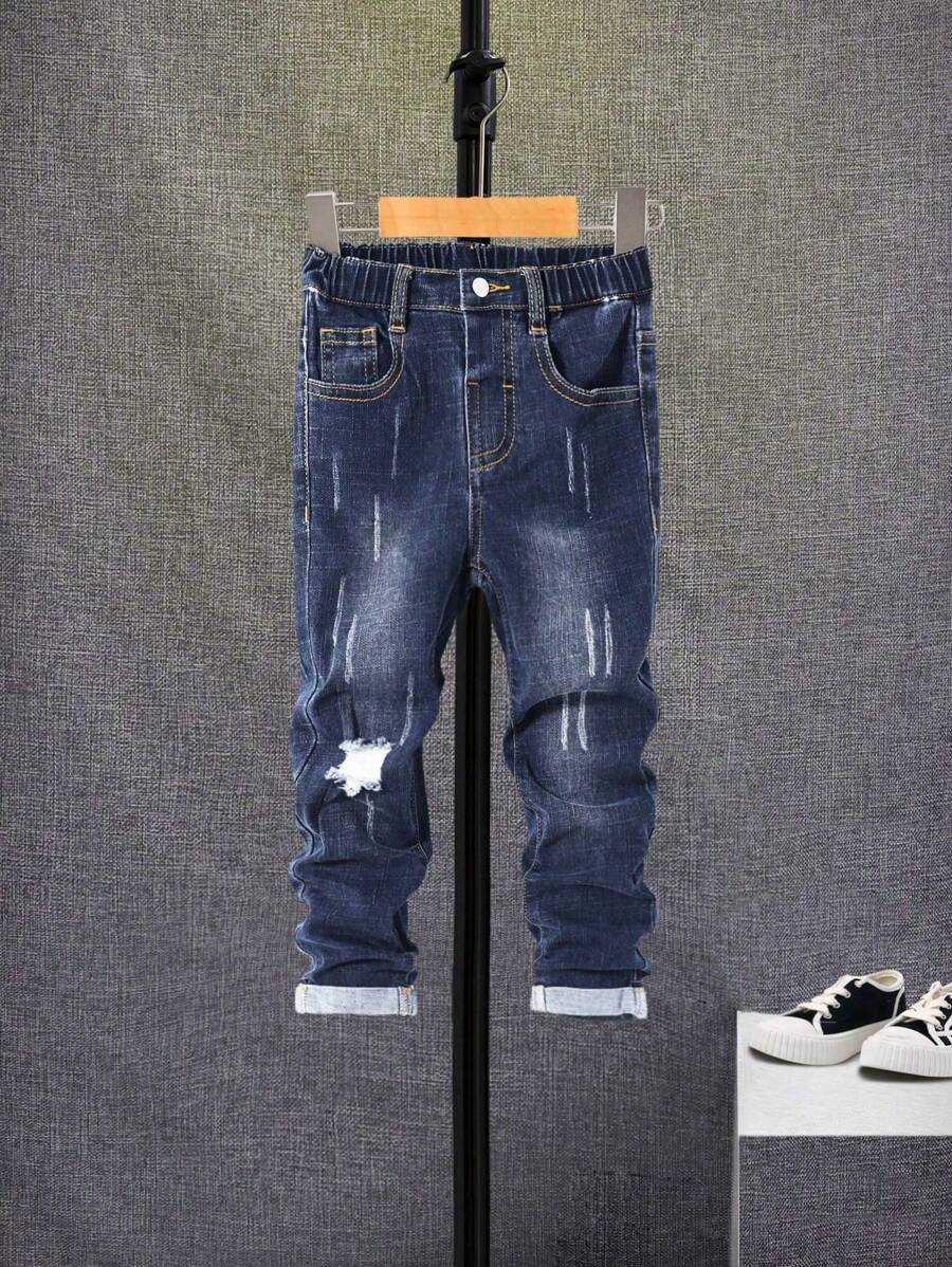 SHEIN Young Boy Ripped Frayed Cat Scratch Jeans - Medium Wash - View 1