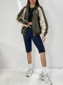 SHEIN EZwear 秋冬季撞色拼接插肩袖抽绳下摆拉链外套 - 軍綠色 - 查看 5