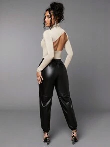 SHEIN BAE Chất rắn Cổ cao Không lưng Áo thun - Màu be - Xem 6