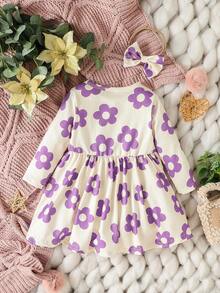 女嬰印花洋裝附髮帶 - 紫色 - 查看 2