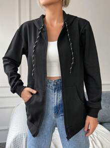 EURMUSE Zip Up Drop Shoulder Drawstring Hoodie - Black - View 3