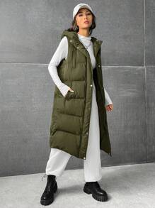 SHEIN EZwear Women's Sleeveless Long Puffer Jacket For Winter - Army Green - View 2