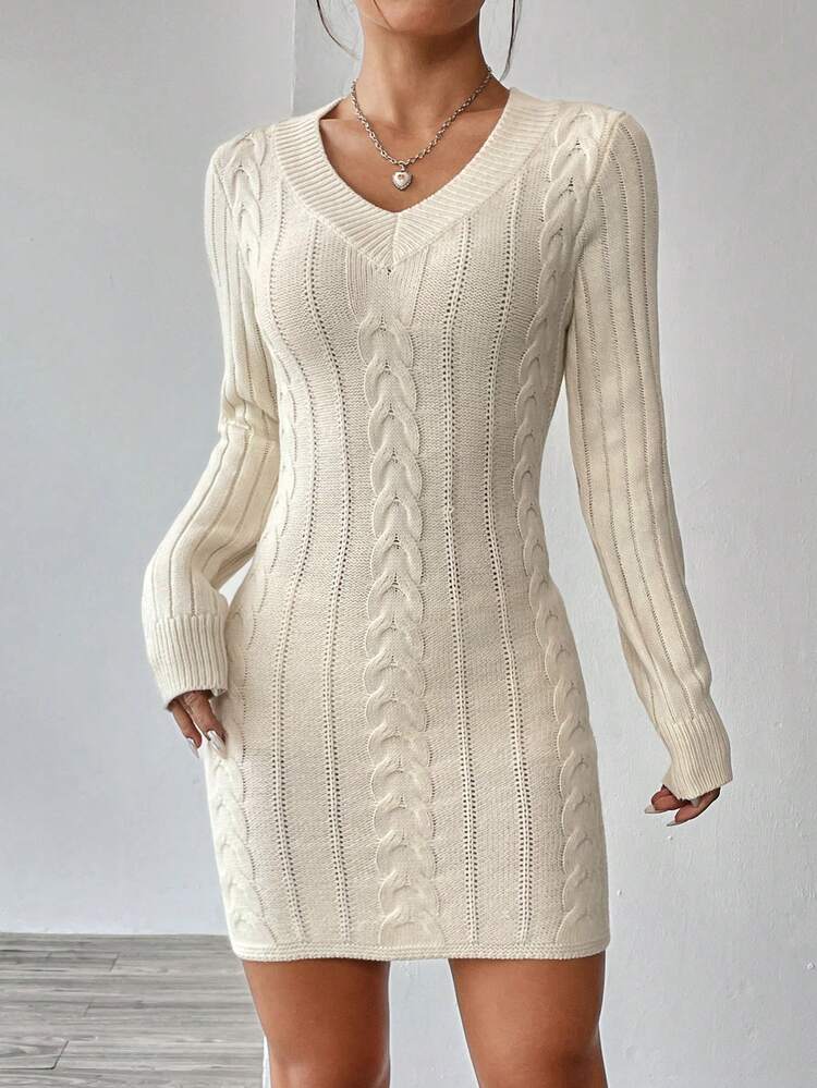Solid Cable Knit Bodycon Sweater Dress Fall Winter Cloth For Women