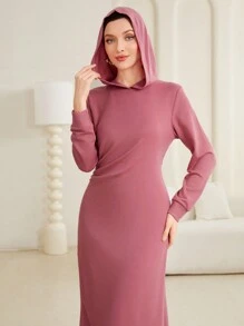 Mulvari Màu thuần áo có mũ Bao bên Đầm nỉ - Màu Hồng Tươi - Xem 4