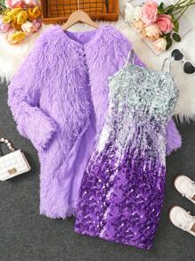 SHEIN Tween Girl 2pcs/Set Plush Coat And Sequin Cami Dress Suit - Purple - View 1