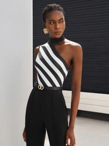 Maija Striped Print Asymmetrical Shoulder Bodysuit,Autumn Outfits For Women