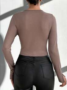 EURMUSE Button Front Split Cuff Crop Tee - Beige - View 2