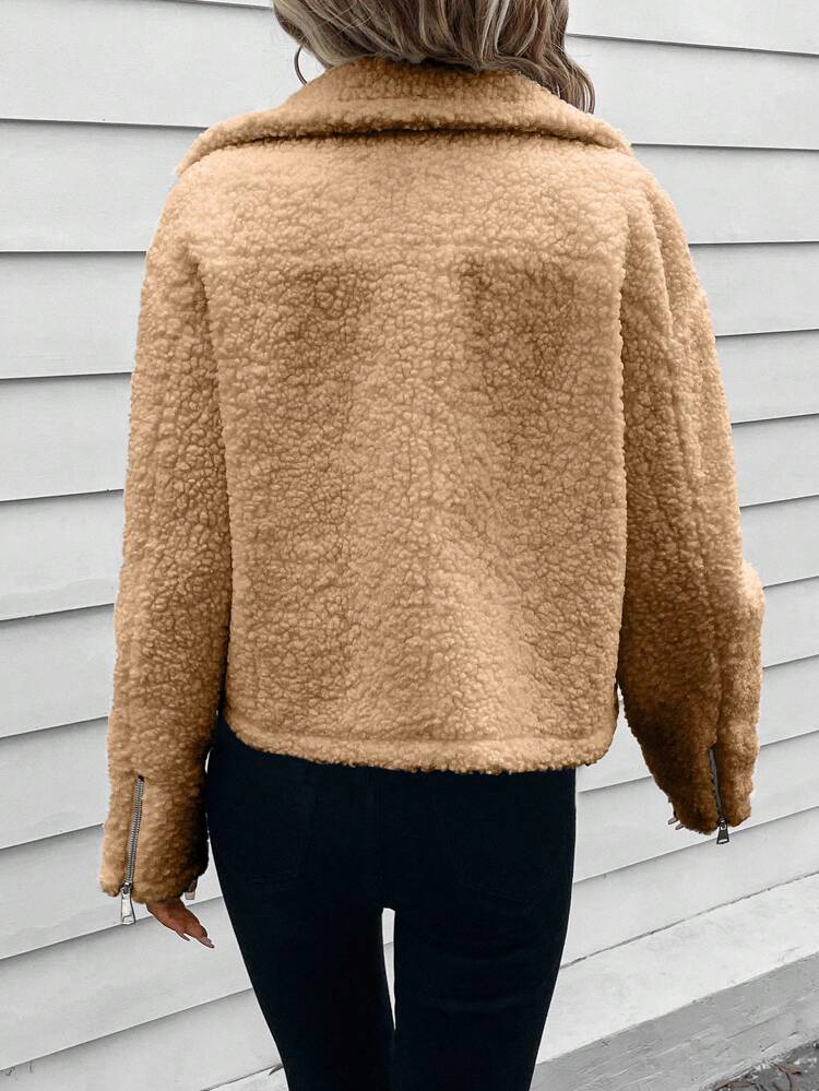 Lapel Neck Zip Up Teddy Moto Jacket
